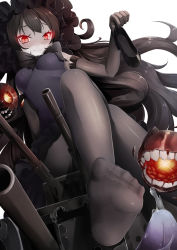 Rule 34 | 10s, 1girl, absurdres, abyssal ship, bad id, bad pixiv id, black bow, black dress, black footwear, black hair, black pantyhose, bonnet, bow, breasts, crossed legs, detached sleeves, dress, feet, foot focus, glowing, glowing eyes, gothic lolita, highres, isolated island oni, kantai collection, lolita fashion, long hair, looking at viewer, medium breasts, pale skin, pantyhose, red eyes, sasami (hallo), shoes, unworn shoes, simple background, smile, solo, tongue