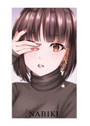 Rule 34 | 1girl, black shirt, blouse, blunt bangs, bob cut, border, brown eyes, brown hair, character name, close-up, commentary, covering one eye, earrings, english commentary, hand over eye, hand to head, highres, jewelry, jmoart214, light blush, lips, long sleeves, looking at viewer, nail polish, parted lips, portrait, ranma 1/2, red nails, romaji text, shirt, short hair, solo, tendou nabiki, turtleneck, white border