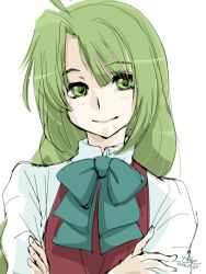 Rule 34 | 10s, 1girl, 2016, 4suke, ahoge, aqua bow, aqua bowtie, artist name, blush, bow, bowtie, closed mouth, collared shirt, crossed arms, dated, fingernails, green eyes, green hair, hair between eyes, kantai collection, lips, long hair, looking at viewer, mole, mole under mouth, red vest, school uniform, shirt, simple background, smile, solo, upper body, vest, white background, white shirt, yuugumo (kancolle)