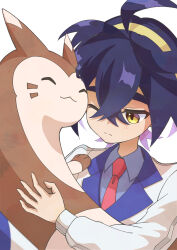 Rule 34 | 1boy, ahoge, black hair, blush, closed mouth, collared shirt, commentary request, creatures (company), crossed bangs, furret, game freak, gen 2 pokemon, grey shirt, hair between eyes, hairband, highres, holding, holding pokemon, jacket, kieran (pokemon), korinko, long sleeves, male focus, necktie, nintendo, pokemon, pokemon (creature), pokemon sv, red necktie, shirt, short hair, split mouth, white jacket, yellow eyes, yellow hairband