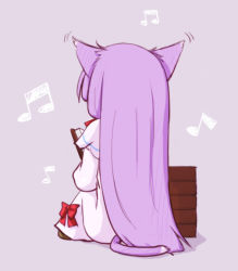 Rule 34 | 1girl, animal ears, bad id, bad pixiv id, book, cat ears, cat girl, cat tail, chibi, female focus, from behind, long hair, musical note, natsuki (silent selena), open book, patchouli knowledge, purple hair, sitting, solo, tail, touhou