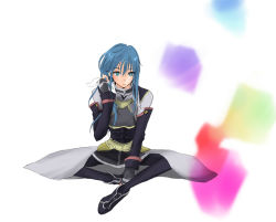Rule 34 | 1girl, blue hair, female focus, green eyes, maria traydor, pantyhose, sitting, skirt, solo, square enix, star ocean, star ocean till the end of time, white background
