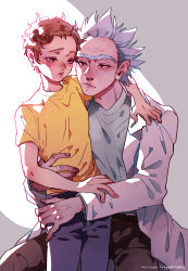 Rule 34 | 2boys, brown hair, coat, gogglesyo, grandfather and grandson, highres, lab coat, male focus, messy hair, morty smith, multiple boys, rick and morty, rick sanchez, shirt, short hair, spiked hair, unibrow, white coat, white hair, yellow shirt