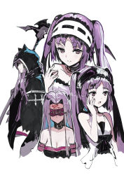 Rule 34 | 4girls, absurdres, alchemaniac, bare shoulders, blindfold, bonnet, cloak, collar, euryale (fate), euryale (third ascension) (fate), fate/grand order, fate (series), hairband, headdress, highres, leotard, lolita hairband, long hair, looking at viewer, medusa (fate), medusa (lancer) (fate), medusa (rider) (fate), multiple girls, open mouth, purple eyes, purple hair, rider, siblings, sisters, sitting, smile, stheno (fate), twintails, underwear, very long hair