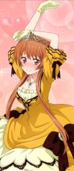 Rule 34 | 10s, 1girl, arms up, blush, breasts, brown eyes, brown hair, cleavage, collarbone, diadem, dress, gloves, green gloves, jewelry, looking at viewer, medium breasts, necklace, nisekoi, short hair with long locks, sidelocks, smile, solo, tachibana marika, yellow dress