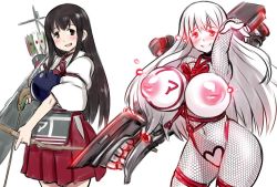 Rule 34 | 10s, 2girls, 774 (nanashi), abyssal ship, akagi (kancolle), bad id, bad pixiv id, before and after, blush, bow (weapon), breastless clothes, breasts, brown eyes, brown hair, corruption, crotchless, dark persona, fishnets, flight deck, glowing, glowing eyes, huge breasts, inverted nipples, japanese clothes, kantai collection, long hair, multiple girls, muneate, nipples, open mouth, personification, puffy nipples, red eyes, skirt, smile, teeth, weapon, white hair