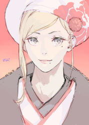 Rule 34 | 1girl, 9-ga, beret, blonde hair, closed mouth, commentary, dated, eyelashes, gradient background, grey hair, hat, highres, japanese clothes, kantai collection, kimono, lips, looking at viewer, mole, mole under eye, mole under mouth, official alternate costume, pastel colors, pink background, pink lips, pom pom (clothes), portrait, print headwear, red background, richelieu (kancolle), signature, simple background, solo, upper body, white hat