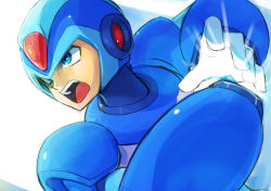 Rule 34 | 1boy, android, arm cannon, armor, blue eyes, dutch angle, fighting stance, glowing, helmet, male focus, mega man (character), mega man (series), mega man x (series), open mouth, serious, simple background, solo, tsunemi aosa, upper body, weapon, white background, x (mega man)