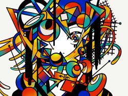 Rule 34 | 1girl, abstract, closed mouth, colored skin, colorful, expressionless, geometry, high contrast, looking at viewer, machigami yoh, multicolored eyes, no nose, one eye covered, original, portrait, simple background, smear frame, solo, straight-on, white background, white skin