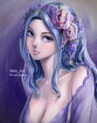 Rule 34 | 1girl, artist name, blue eyes, blue hair, closed mouth, commentary request, earrings, flower, hair flower, hair ornament, highres, hoop earrings, instagram username, jewelry, long hair, looking at viewer, nefertari vivi, one piece, smile, solo, stupidtako