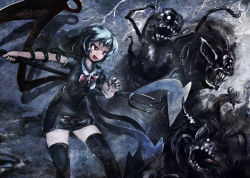 Rule 34 | 1girl, ahoge, asymmetrical wings, bad id, bad pixiv id, black thighhighs, blue hair, bow, houjuu nue, monster, open mouth, polearm, red eyes, sharp teeth, short hair, short sleeves, solo, teeth, thighhighs, tongue, touhou, trident, weapon, wings, yagi (sinnsyou)
