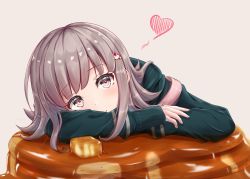 Rule 34 | 1girl, arata (xin), backpack, bad id, bad pixiv id, bag, black hoodie, butter, closed mouth, commentary request, danganronpa (series), danganronpa 2: goodbye despair, flipped hair, food, grey hair, hair ornament, hairclip, head on arm, heart, highres, hood, hoodie, long sleeves, looking at viewer, nanami chiaki, pancake, pink eyes, short hair, simple background, smile, solo, striped, syrup, white background