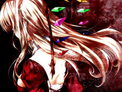 Rule 34 | 1girl, aged up, back, blonde hair, breasts, character name, crystal, detached collar, dress, eyelashes, female focus, flandre scarlet, gradient background, long hair, looking away, red background, solo, sooma, sooma (phantom), third-party edit, touhou, upper body, wings