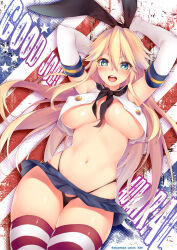 Rule 34 | 1girl, american flag background, armpits, blonde hair, blue eyes, bow, breasts, cosplay, covered erect nipples, elbow gloves, gloves, hair bow, highres, iowa (kancolle), kantai collection, large breasts, long hair, microskirt, midriff, navel, necktie, obiwan, panties, pantyshot, sailor, sailor collar, shimakaze (kancolle), shimakaze (kancolle) (cosplay), skirt, smile, solo, star (symbol), star in eye, striped clothes, striped thighhighs, symbol in eye, thighhighs, thong, underboob, underwear, very long hair