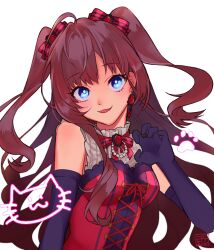 Rule 34 | 1girl, :3, ahoge, blue eyes, bodice, bow, brooch, brown hair, chihiro yukky, claw pose, cross-laced clothes, detached sleeves, earrings, elbow gloves, frilled skirt, frills, gloves, hair bow, ichinose shiki, idolmaster, idolmaster cinderella girls, jewelry, light smile, long hair, looking at viewer, multiple hair bows, open mouth, skirt, solo, two side up, upper body, white background