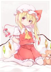 Rule 34 | 1girl, absurdres, arm at side, arm up, ascot, bag, blonde hair, blood, blood bag, blood drop, blood on face, commentary request, cross, expressionless, flandre scarlet, grey background, hat, hat ribbon, head tilt, highres, holding, holding bag, iyo (ya na kanji), looking at viewer, mob cap, on bed, one side up, pantyhose, parted lips, pillow, puffy short sleeves, puffy sleeves, red cross, red eyes, red skirt, red vest, ribbon, shirt, short hair, short sleeves, simple background, sitting, skirt, slit pupils, solo, stuffed animal, stuffed toy, teddy bear, touhou, vest, wariza, white hat, white pantyhose, white shirt, wings, wrist cuffs, yellow ascot