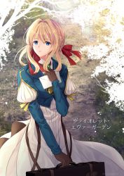 Rule 34 | 1girl, bag, blonde hair, blue eyes, blue jacket, braid, brown gloves, character name, copyright name, day, dress, floating hair, french braid, gloves, hair between eyes, hair intakes, hair ribbon, highres, holding, holding bag, holding letter, jacket, letter, long dress, long hair, long sleeves, mimuro430, outdoors, red ribbon, ribbon, solo, standing, suitcase, violet evergarden, violet evergarden (series), white dress