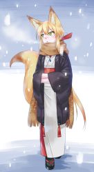 Rule 34 | 1girl, :o, animal ears, black legwear, blonde hair, blush, breath, clog sandals, coat, fox ears, fox girl, fox tail, green eyes, hair between eyes, hands in opposite sleeves, hanten (clothes), japanese clothes, kimono, long hair, looking away, looking to the side, magatama, original, parted lips, ryuusei (ryuuseiseikou), sandals, scarf, sidelocks, snow, snowing, solo, tabi, tail, tamakagura inari, walking, white kimono, yagi (ningen), zouri