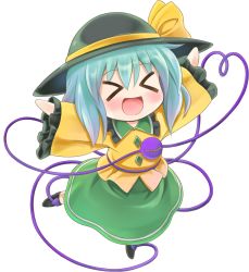 Rule 34 | &gt; &lt;, 1girl, blush, bow, chibi, closed eyes, full body, hat, hat bow, highres, komeiji koishi, long sleeves, nichika (nitikapo), open mouth, outstretched arms, shirt, silver hair, skirt, smile, solo, standing, standing on one leg, third eye, touhou, transparent background, white background, wide sleeves