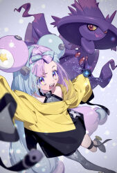 Rule 34 | 1girl, :d, blurry, bnjgm., boots, character hair ornament, commentary request, creatures (company), game freak, gen 4 pokemon, grey footwear, grey pantyhose, grey shirt, hair ornament, highres, iono (pokemon), jacket, long hair, looking at viewer, mismagius, nintendo, open mouth, pantyhose, pokemon, pokemon (creature), pokemon sv, purple eyes, sharp teeth, shirt, single leg pantyhose, sleeveless, sleeveless shirt, smile, star (symbol), star print, teeth, thigh strap, tongue, yellow jacket