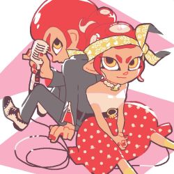 Rule 34 | 1boy, 1girl, afro, back-to-back, jacket, jewelry, looking at viewer, microphone, nail polish, necklace, nintendo, octoling, octoling boy, octoling girl, octoling player character, ponytail, red hair, sitting, smile, splatoon (series), splatoon 2, suit jacket, yellow eyes