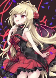 Rule 34 | 1girl, :d, black background, black dress, blonde hair, center frills, commentary request, cowboy shot, dress, ecute, flower, frilled dress, frills, hair flower, hair ornament, hand up, highres, hinata momo, jashin-chan dropkick, leaning forward, long hair, looking at viewer, open mouth, petals, pleated dress, red dress, red eyes, red flower, red rose, rose, signature, sleeveless, sleeveless dress, smile, solo, standing, very long hair