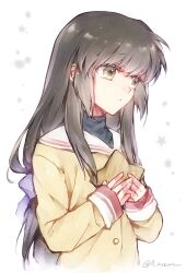 Rule 34 | 1girl, blazer, bow, brown hair, clannad, closed mouth, commentary request, expressionless, h sueun, hair between eyes, hair bow, hands up, hikarizaka private high school uniform, holding, holding star, ibuki fuuko, jacket, long hair, looking afar, low-tied long hair, nose, own hands together, purple bow, sailor collar, school uniform, sidelocks, simple background, solo, star (symbol), starfish, turtleneck, twitter username, upper body, very long hair, white background, white sailor collar, yellow eyes, yellow jacket