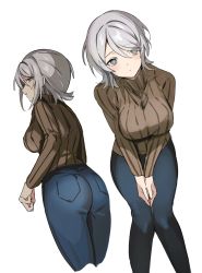 Rule 34 | 1girl, back, blue eyes, blush, breasts, denim, faust (project moon), highres, jeans, large breasts, limbus company, long sleeves, looking at viewer, mu46016419, own hands together, pants, project moon, short hair, simple background, sweater, turtleneck, turtleneck sweater, v arms, white hair
