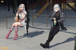 Rule 34 | 2girls, absurdres, ak-12, ak-12 (faint light of furthest day) (girls&#039; frontline), ak-12 (girls&#039; frontline), alternate costume, an-94, an-94 (girls&#039; frontline), aqua eyes, assault rifle, bare tree, black footwear, black nails, black pants, boots, breasts, burger, camouflage, camouflage jacket, can, cleavage, commentary, commission, crossed legs, dress, drink can, eating, english commentary, food, girls&#039; frontline, gloves, grey hair, gun, hairband, highres, holding, holding food, j adsen, jacket, kalashnikov rifle, medium breasts, mixed-language commentary, multiple girls, official alternate costume, open clothes, open jacket, open mouth, pants, pink footwear, pink gloves, pink hairband, playground, rifle, russian commentary, russian text, shop, sitting, snow, soda can, swing, thigh boots, tree, weapon, white dress, winter