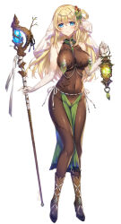 Rule 34 | 1girl, bare shoulders, blonde hair, blue eyes, blush, bodystocking, boots, breasts, closed mouth, commission, covered navel, elbow gloves, elf, full body, gloves, hair ornament, highres, holding, holding lantern, holding staff, lantern, long hair, looking at viewer, munlu (wolupus), original, pelvic curtain, pointy ears, see-through, see-through veil, signature, simple background, skeb commission, solo, staff, standing, veil, white background, white gloves