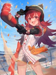 Rule 34 | 1girl, :d, animal ears helmet, arm up, baseball helmet, baseball uniform, black gloves, black headwear, blue sky, center frills, cloud, commentary request, confetti, day, elbow gloves, fangs, frills, gloves, hair between eyes, helmet, highres, holding, idolmaster, idolmaster shiny colors, komiya kaho, long hair, open mouth, outdoors, outstretched arm, puffy short sleeves, puffy sleeves, red eyes, red hair, sand, shirt, short shorts, short sleeves, shorts, sky, smile, solo, sportswear, stadium, striped clothes, striped shirt, striped shorts, ukimesato, v-shaped eyebrows, vertical-striped clothes, vertical-striped shirt, vertical-striped shorts, very long hair, white shirt, white shorts