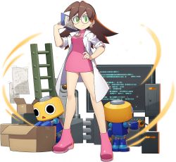 Rule 34 | 1girl, ankle boots, boots, box, breasts, brown hair, clipboard, closed mouth, computer, dress, earrings, full body, glasses, green eyes, hand on own hip, hand up, highres, holding, jewelry, lab coat, long hair, looking at viewer, medium breasts, mega man (series), mega man legends (series), mega man x (series), mega man x dive, mizuno keisuke, monitor, official art, pink dress, pink footwear, robot, screen, servbot (mega man), shiny skin, short dress, sleeves rolled up, smile, transparent background, tron bonne (mega man)