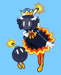 Rule 34 | 1girl, bad id, bad twitter id, black hair, black skin, blue background, bob-omb, boots, bow, colored skin, dress, dual persona, earrings, eyelashes, flipped hair, fuse, gloves, jewelry, mario (series), new super mario bros. u deluxe, nintendo, princess bob-omb, short hair, simple background, sorrysap, super crown, transformation, white eyes, white gloves, winding key, yellow bow, yellow footwear, | |