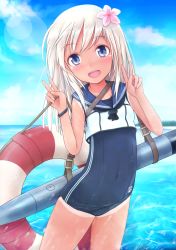 Rule 34 | 10s, 1girl, :d, bare legs, bare shoulders, blue eyes, blue sky, blush, bracelet, covered navel, cowboy shot, crop top, day, double v, entershell, flower, hair flower, hair ornament, jewelry, kantai collection, lifebuoy, long hair, looking at viewer, neckerchief, ocean, one-piece swimsuit, open mouth, ro-500 (kancolle), sailor collar, school swimsuit, sky, smile, solo, swim ring, swimsuit, swimsuit under clothes, tan, tanline, torpedo, v, white hair