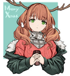 Rule 34 | 1girl, antlers, blush, brown hair, christmas, clothes pull, cup, fur-trimmed jacket, fur trim, girls&#039; frontline, green eyes, green jacket, grey scarf, hair ornament, hairclip, holding, holding cup, horns, howa type 89 (girls&#039; frontline), ingerdoll, jacket, jacket pull, long hair, looking at viewer, merry christmas, official alternate costume, open clothes, open jacket, red sweater, scarf, simple background, solo, sweater, upper body