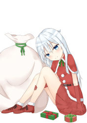 Rule 34 | 1girl, aroma0501, belt, belt buckle, blue eyes, blush, box, breasts, brown belt, buckle, capelet, closed mouth, commentary request, elbow gloves, fur-trimmed capelet, fur-trimmed shirt, fur trim, gift, gift box, gloves, hair between eyes, hibiki (kancolle), highres, kantai collection, leaning forward, long hair, looking at viewer, pleated skirt, red capelet, red footwear, red gloves, red shirt, red skirt, sack, santa costume, shirt, silver hair, simple background, skirt, small breasts, smile, solo, very long hair, white background