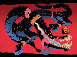 Rule 34 | 1other, colored sclera, commentary, creature, crown, demon, douglas harvey, dragon, english commentary, extra eyes, fantasy, highres, monster, multiple bracelets, no humans, open mouth, original, red background, sharp teeth, skull, sliced, teeth, tongue, tongue out, yellow sclera