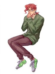 Rule 34 | 1boy, absurdres, adapted costume, bespectacled, cherry earrings, earrings, food-themed earrings, food themed earrings, glasses, hat, highres, jewelry, jojo no kimyou na bouken, kakyoin noriaki, male focus, own hands together, purple eyes, red hair, shoes, sleeves past wrists, solo, stardust crusaders, sweater, yanglao paopaoren