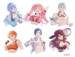 Rule 34 | 2boys, 4girls, :d, ;d, alternate costume, artist name, bandages, bandeau, bare shoulders, bikini, black choker, black headwear, blue bikini, blue hair, breasts, brown eyes, caspar von bergliez, choker, cleavage, clenched hand, commentary, cropped torso, dorothea arnault, eyewear on head, fire emblem, fire emblem: three houses, fire emblem heroes, flower, goggles, goggles around neck, grin, hair flower, hair ornament, hand on own chest, hand up, hat, hibiscus, hilda valentine goneril, jacket, large breasts, leonie pinelli, long hair, looking at viewer, lorenz hellman gloucester, marianne von edmund, matching hair/eyes, medium breasts, moja (rainpoow), multiple boys, multiple girls, nail polish, nintendo, off-shoulder bikini, off shoulder, official alternate costume, one eye closed, open clothes, open jacket, open mouth, orange bikini, orange eyes, orange hair, parted lips, pink bikini, pink eyes, pink hair, pink nails, puffy short sleeves, puffy sleeves, purple eyes, purple hair, red flower, red rose, rose, round eyewear, short hair, short sleeves, signature, simple background, smile, sparkle, sun hat, sunglasses, swimsuit, topless male, twintails, upper body, white background, white jacket, wink, wrist wrap