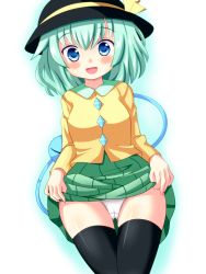 Rule 34 | 1girl, bad id, bad pixiv id, black thighhighs, blouse, blue eyes, blush, cameltoe, clothes lift, green hair, hat, hat ribbon, highres, komeiji koishi, long sleeves, looking at viewer, oimo (imoyoukan), oimonocake, open mouth, panties, ribbon, shirt, short hair, simple background, skirt, skirt lift, smile, solo, string, thighhighs, third eye, touhou, underwear, upskirt, white background, white panties, zettai ryouiki
