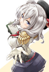 Rule 34 | 10s, 1girl, bibi02, blue eyes, breasts, clipboard, epaulettes, foreshortening, gloves, hat, highres, kantai collection, kashima (kancolle), large breasts, long hair, military, military uniform, miniskirt, pleated skirt, silver hair, skirt, solo, twintails, uniform