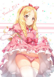 Rule 34 | 10s, 1girl, blonde hair, blush, bow, bow panties, bowtie, character name, closed mouth, clothes lift, cowboy shot, dress, dress bow, dress lift, drill hair, eromanga sensei, female focus, ginn (hzh770121), green eyes, hair bow, halterneck, highres, layered sleeves, legs together, lifted by self, lolita fashion, long hair, long sleeves, looking at viewer, panties, parted bangs, pink bow, pink panties, pointy ears, red bow, red bowtie, short over long sleeves, short sleeves, solo, standing, thighhighs, underwear, white thighhighs, yamada elf