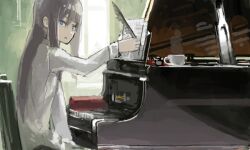 Rule 34 | 1girl, black hair, blue eyes, bright pupils, chair, character request, coffee cup, copyright request, cup, disposable cup, holding, holding quill, indoors, instrument, long hair, long sleeves, looking at viewer, parted lips, piano, quill, rounin (amuza), sheet music, shirt, sidelocks, sideways glance, sitting, solo, steam, sunlight, white pupils, white shirt, window