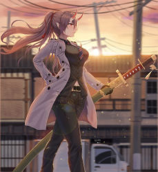 Rule 34 | 1girl, artist name, azur lane, belt, black gloves, black pants, black shirt, blurry, blurry background, blush, breasts, buckle, closed mouth, coat, collared shirt, evening, floating hair, gloves, hair between eyes, hand in pocket, highres, holding, holding sword, holding weapon, horns, izumo (azur lane), katana, large breasts, light particles, long hair, looking afar, mid-stride, motor vehicle, necktie, oni horns, open clothes, open coat, outdoors, pants, pointy ears, ponytail, power lines, purple hair, shirt, sidelocks, solo, sword, truck, utility pole, walking, weapon, white coat, you ni ge shaobing