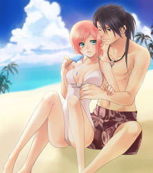Rule 34 | 00s, 1boy, 1girl, bad id, bad pixiv id, beach, black eyes, black hair, celestial s, cloud, couple, day, estellise sidos heurassein, food, full body, green eyes, hetero, jewelry, long hair, necklace, official alternate costume, one-piece swimsuit, one eye closed, outdoors, pink hair, ponytail, popsicle, sand, short hair, shorts, sitting, sky, smile, swimsuit, tales of (series), tales of vesperia, topless male, wink, yuri lowell