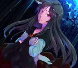 Rule 34 | 1girl, animal ears, arms under breasts, bamboo, bamboo forest, breasts, brooch, brown hair, collarbone, crossed arms, dress, fingernails, forest, highres, imaizumi kagerou, jewelry, long fingernails, long hair, long sleeves, looking at viewer, medium breasts, nature, night, outdoors, red eyes, solo, tenamaru, touhou, white dress, wolf ears