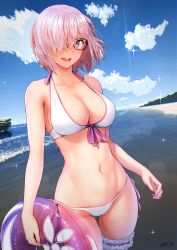 Rule 34 | 1girl, :d, alternate costume, beach, bikini, blue sky, breasts, cleavage, cloud, day, fate/grand order, fate (series), glasses, gluteal fold, hair over one eye, highres, horizon, innertube, large breasts, lens flare, looking at viewer, mash kyrielight, nanahime, navel, ocean, open mouth, pink hair, short hair, sky, smile, solo, sparkle, stomach, sweat, swim ring, swimsuit, white bikini