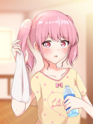 Rule 34 | 1girl, bang dream!, blush, bottle, bow, clothes writing, collarbone, commentary request, holding, holding bottle, holding towel, indoors, maruyama aya, open mouth, pink bow, pink eyes, pink hair, piu (sunnyglass), polka dot, polka dot shirt, shirt, short sleeves, sidelocks, solo, sweat, towel, twintails, upper body, water bottle, yellow shirt