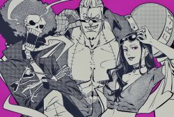 Rule 34 | 1girl, 2boys, adjusting eyewear, afro, brook (one piece), cracked skin, cyborg, franky (one piece), glint, greyscale with colored background, grin, group picture, large pectorals, light smile, looking at viewer, looking over eyewear, midriff, multiple boys, nico robin, one piece, open clothes, open shirt, pectoral cleavage, pectorals, skeleton, smile, sunglasses, tentaro en, trait connection