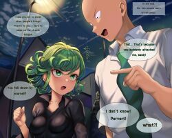 Rule 34 | absurdres, angry, bald, blush, breasts, business suit, formal, green eyes, green hair, highres, one-punch man, rkrk12, saitama (one-punch man), small breasts, suit, tatsumaki